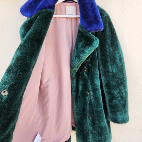 PINKO Stendino Colorblock Faux Fur Double Breasted Coat - Picture 6 of 12